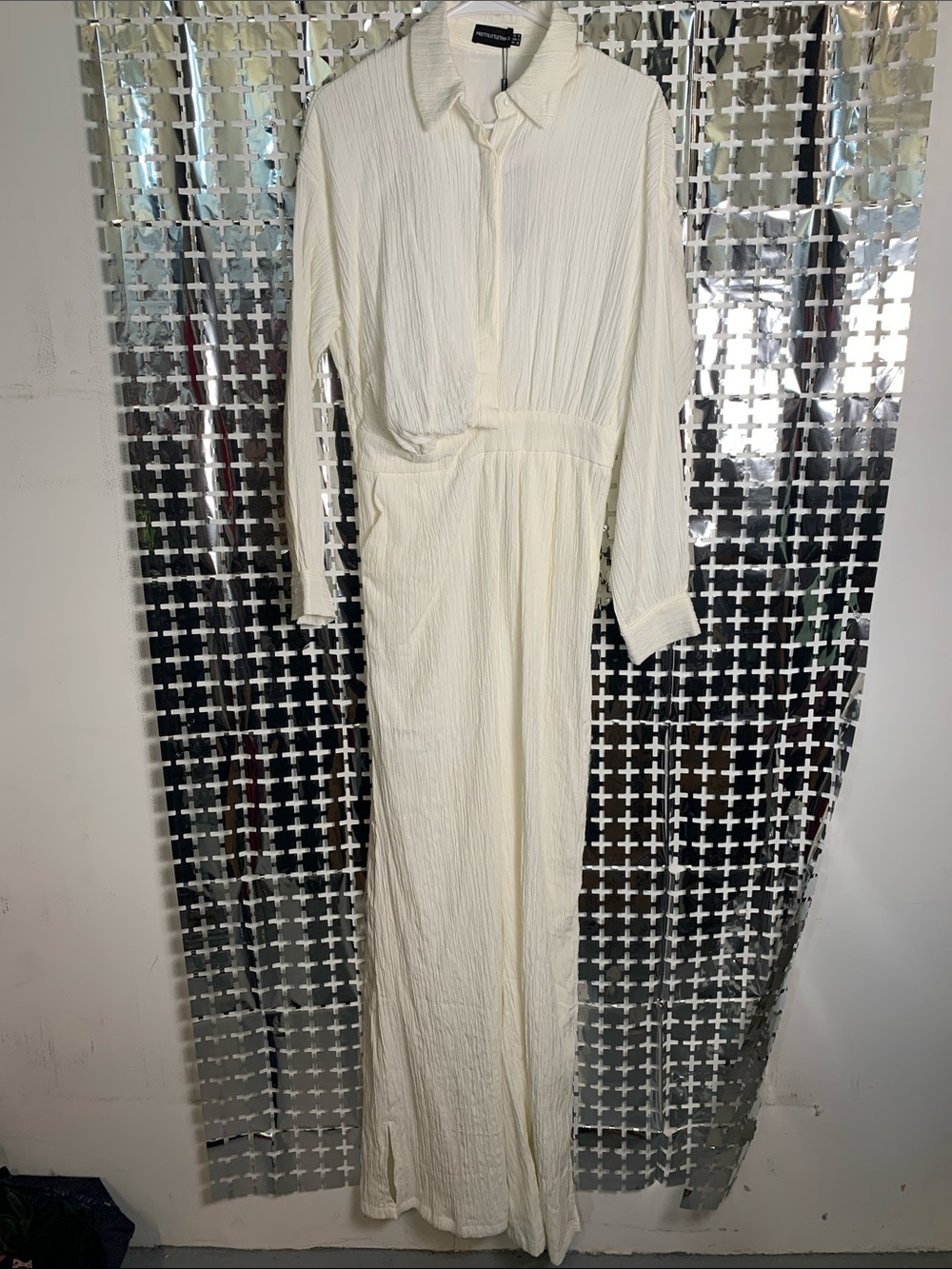 PrettyLittleThing Cream Textured Long Sleeve Straight Leg Jumpsuit